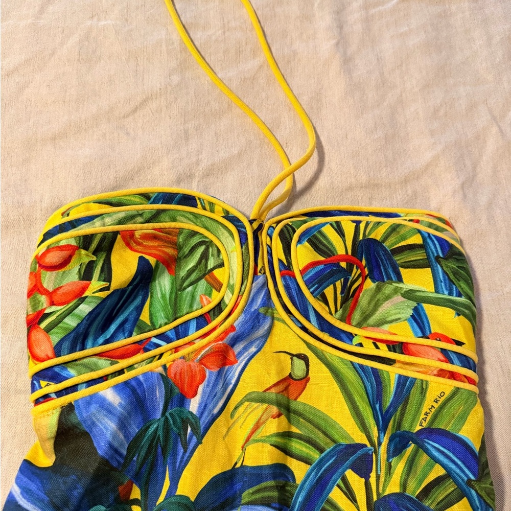 FARM Rio Yellow Tropical Mini Dress with Blue & Green Botanical Print - Picture 3 of 8